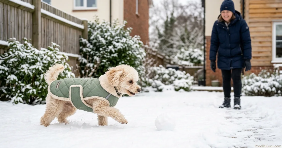 Toy Poodle wearing a red winter coat leaping after a snowball in the backyard