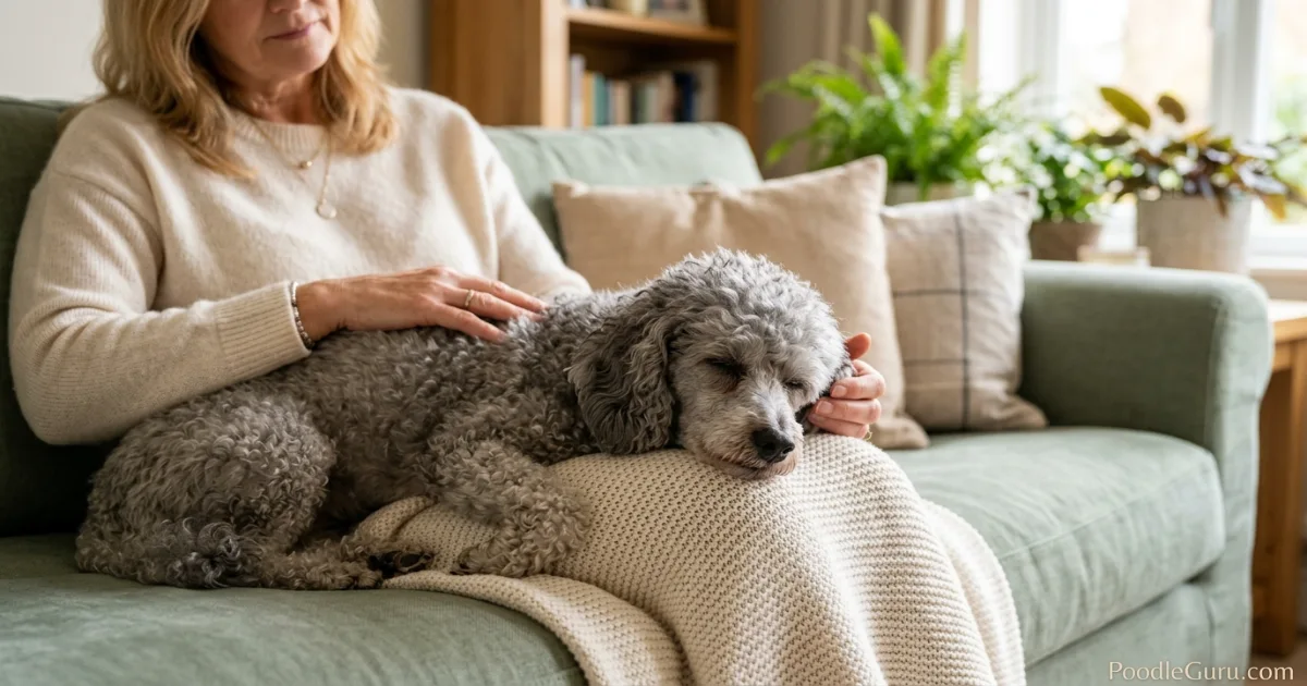 Senior silver Miniature Poodle resting head on owner's lap seeking comfort