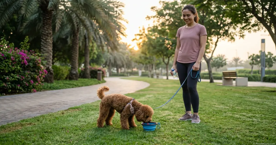 Toy Poodle drinking water from a travel bowl in shaded UAE morning