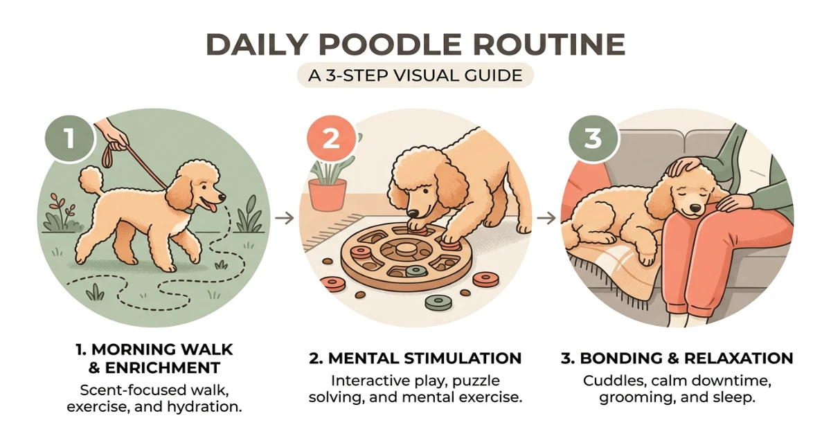 Standard Poodle performing an active attention-building activity with its owner