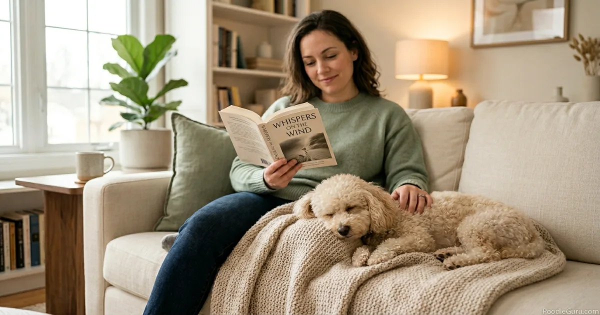 Toy Poodle resting calmly beside owner on couch in peaceful home setting