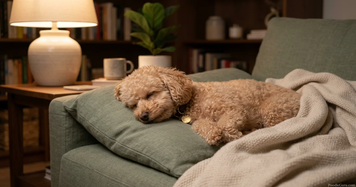 Toy poodle resting calmly after an evening wind-down routine