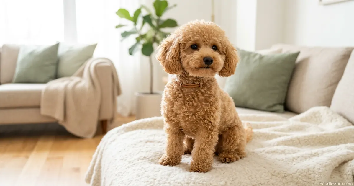 Alert Toy Poodle sitting on a cream blanket indoors in natural light