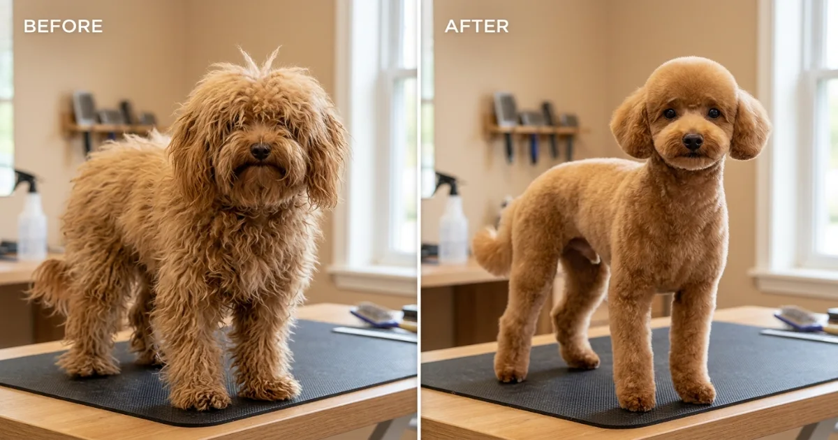 Toy poodle with completed kennel cut showing uniform short coat and rounded topknot