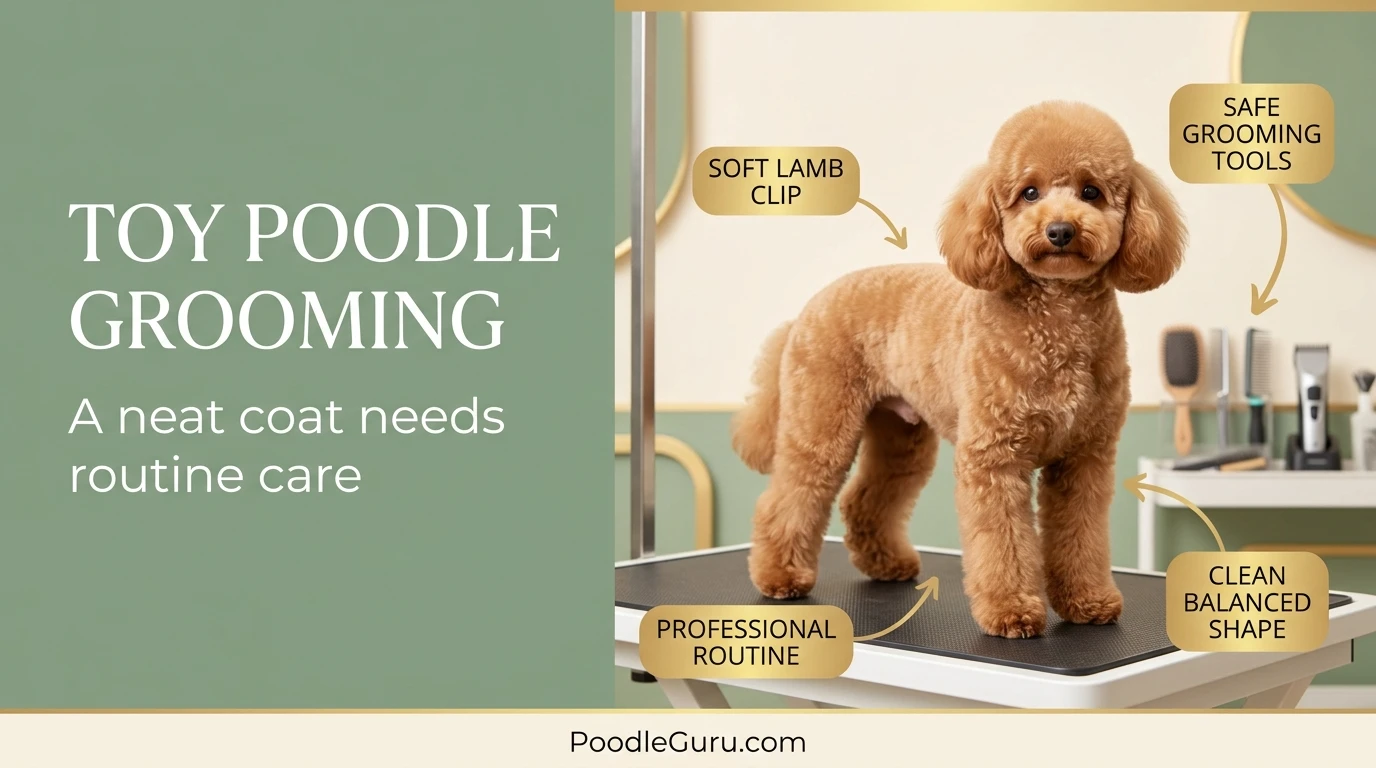 A Toy Poodle in a soft lamb clip standing on a grooming table