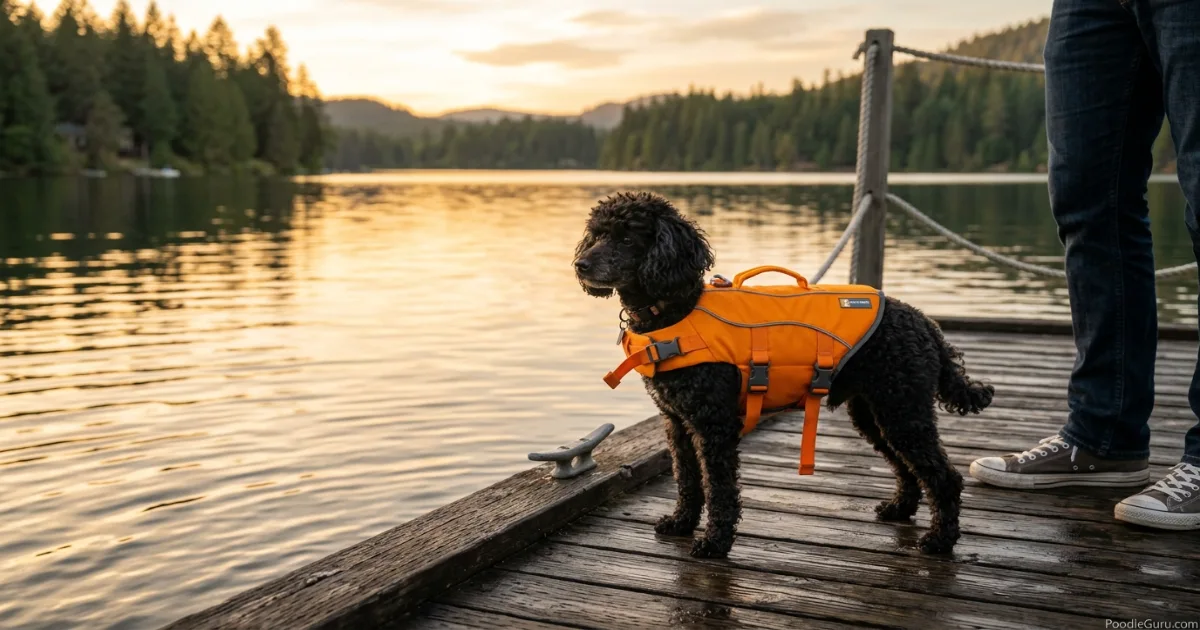 Black Toy Poodle wearing a canine life jacket standing on a dock near calm water