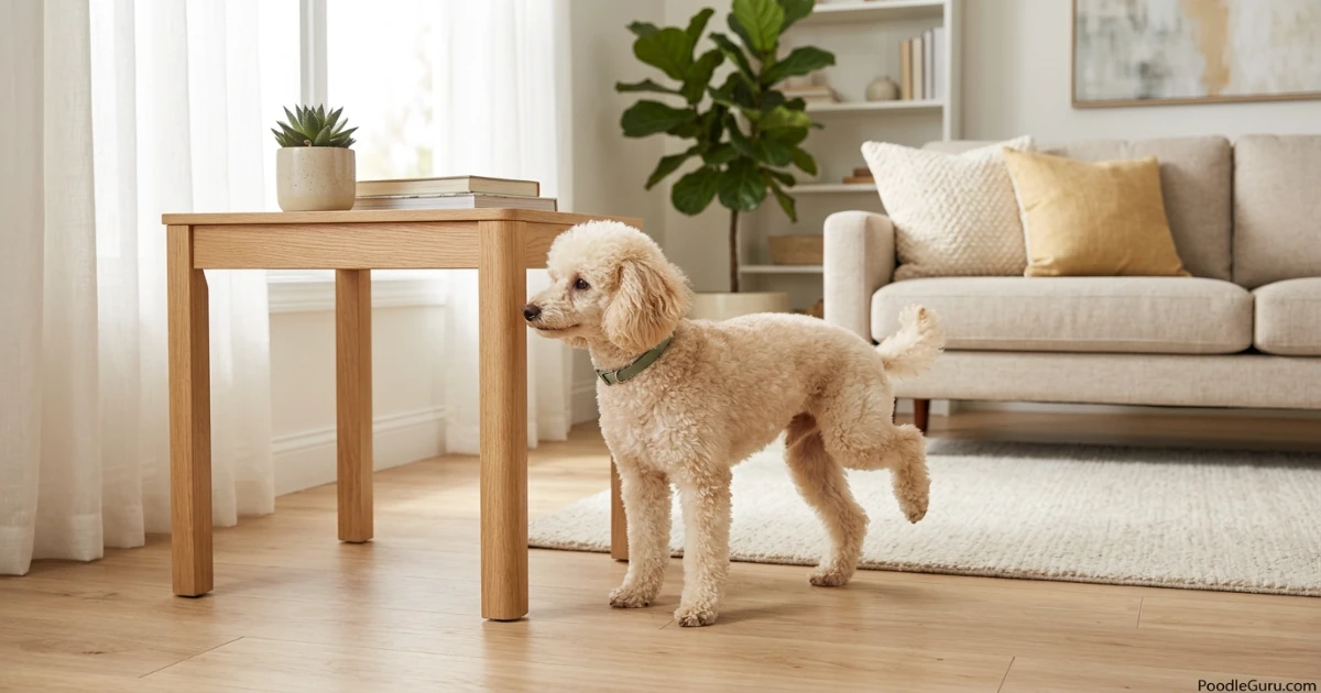 Cream Toy Poodle lifting leg near furniture indoors, demonstrating marking posture