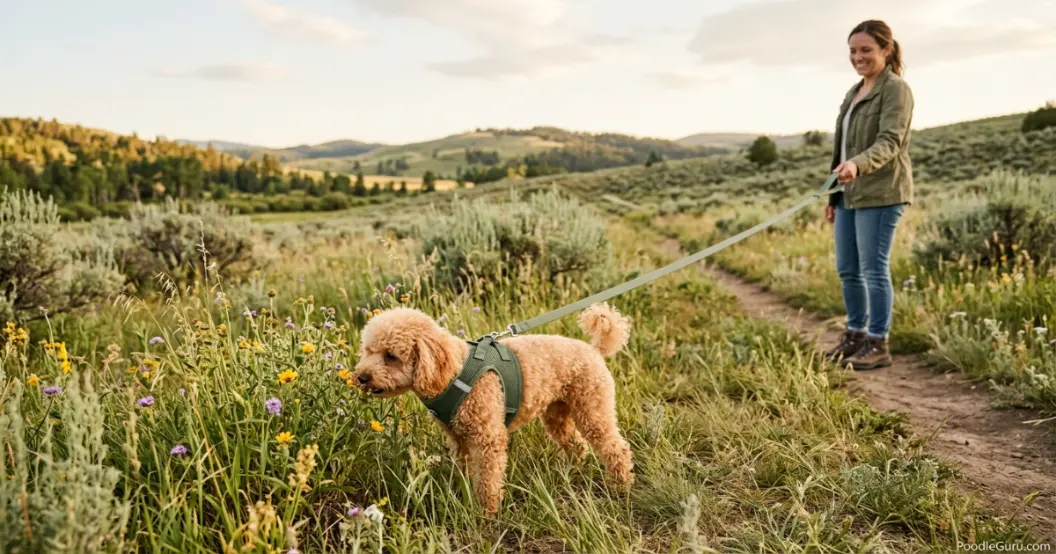 Toy poodle on a long leash exploring a meadow safely