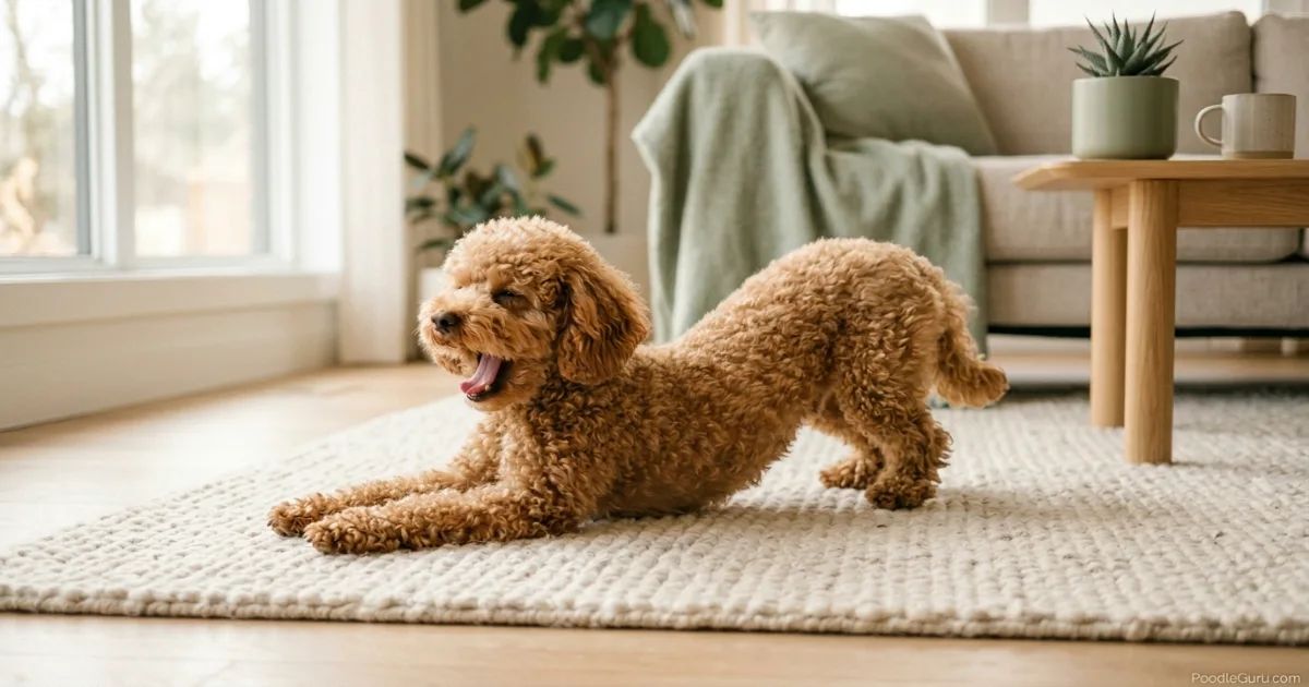 Toy Poodle stretching after a restful sleep in morning light