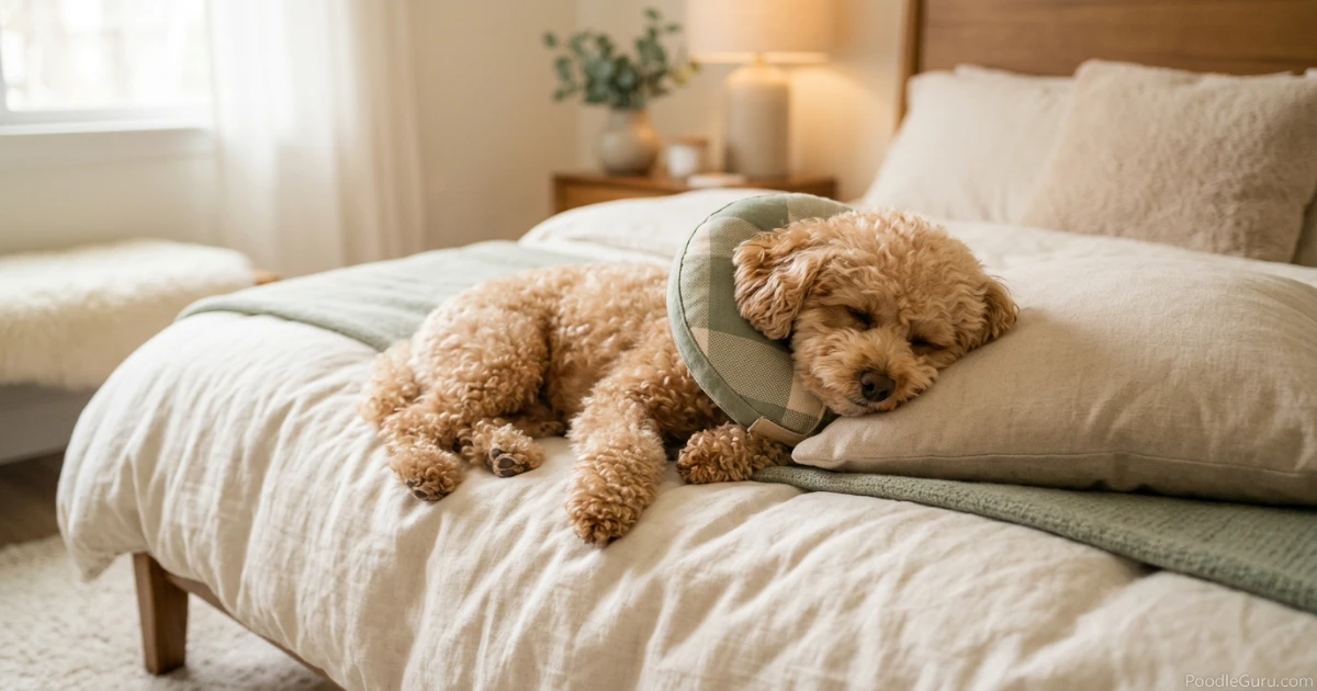 Toy Poodle resting with soft collar after itchy skin treatment to prevent scratching