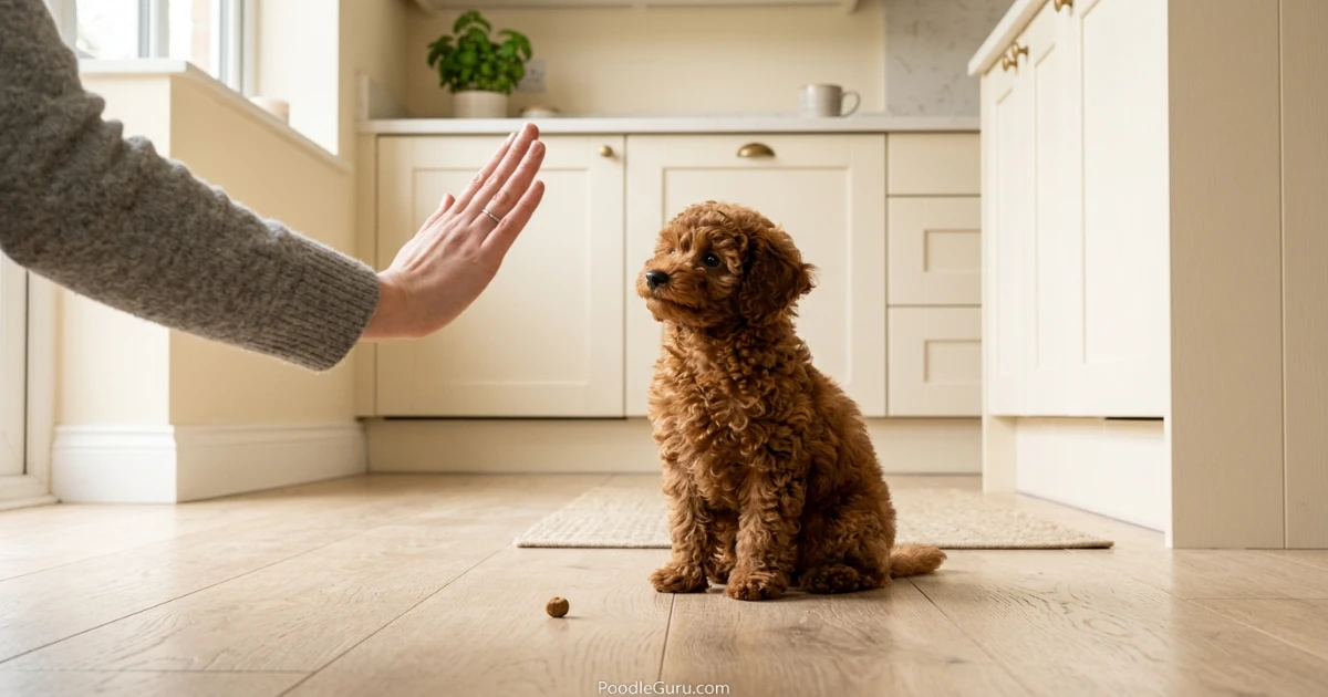 Toy Poodle puppy learning impulse control training with a first-time owner