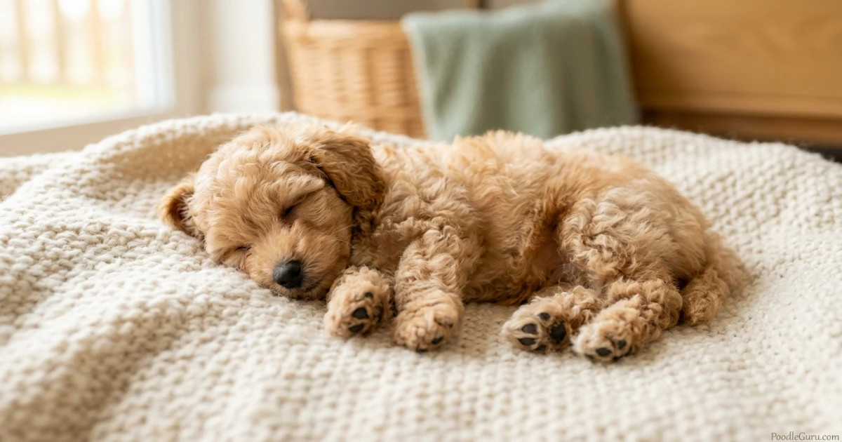 Toy Poodle puppy sleeping deeply on a soft cream blanket