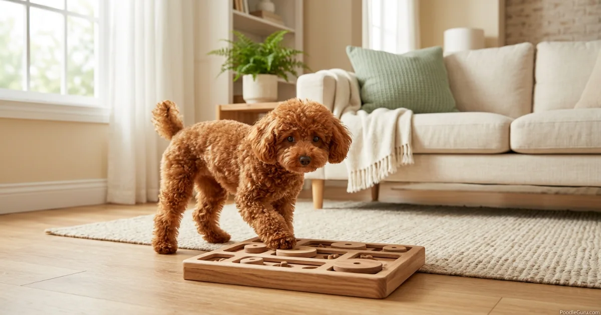 Toy Poodle solving a wooden puzzle feeder for mental exercise indoors