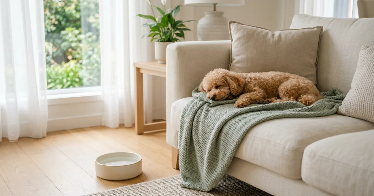 Toy poodle resting peacefully on a sofa after a panting episode, water bowl nearby