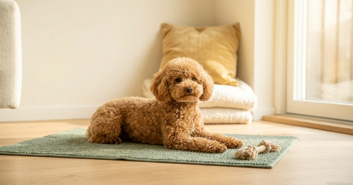 Toy Poodle lying calmly on a mat for poodle humping behavior redirection training