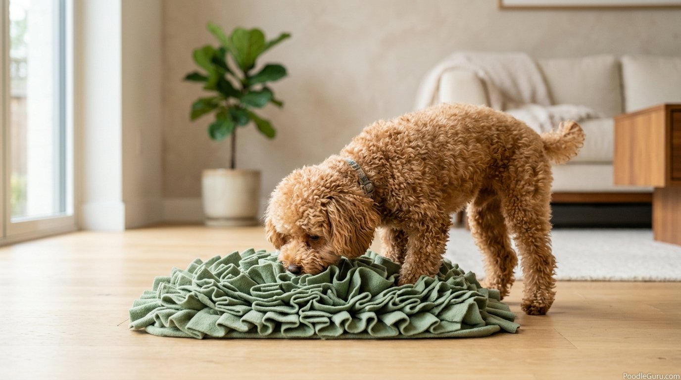 Toy Poodle using a snuffle mat to reduce boredom whining