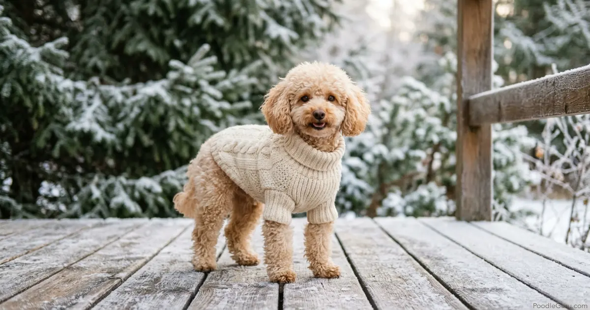Toy poodle wearing a cream knitted sweater on a frosty deck, illustrating poodle cold tolerance needs