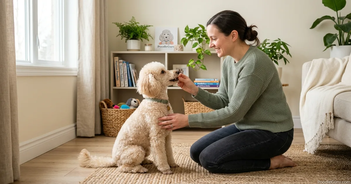 Owner rewarding a Miniature Poodle for quiet behavior