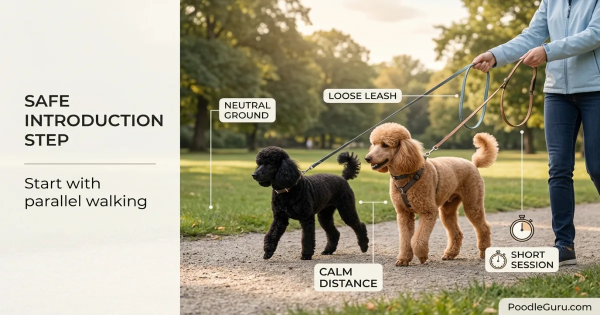 Two brown poodles walking calmly side by side on leashes held by one person