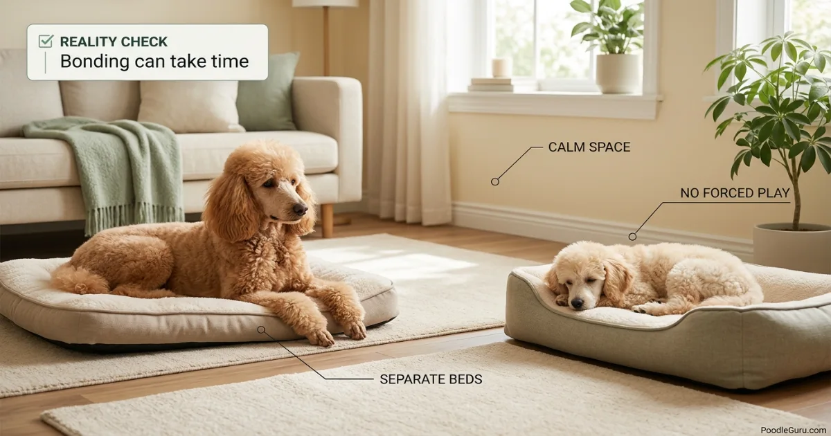 Two standard poodles lying on separate dog beds a few feet apart, not interacting