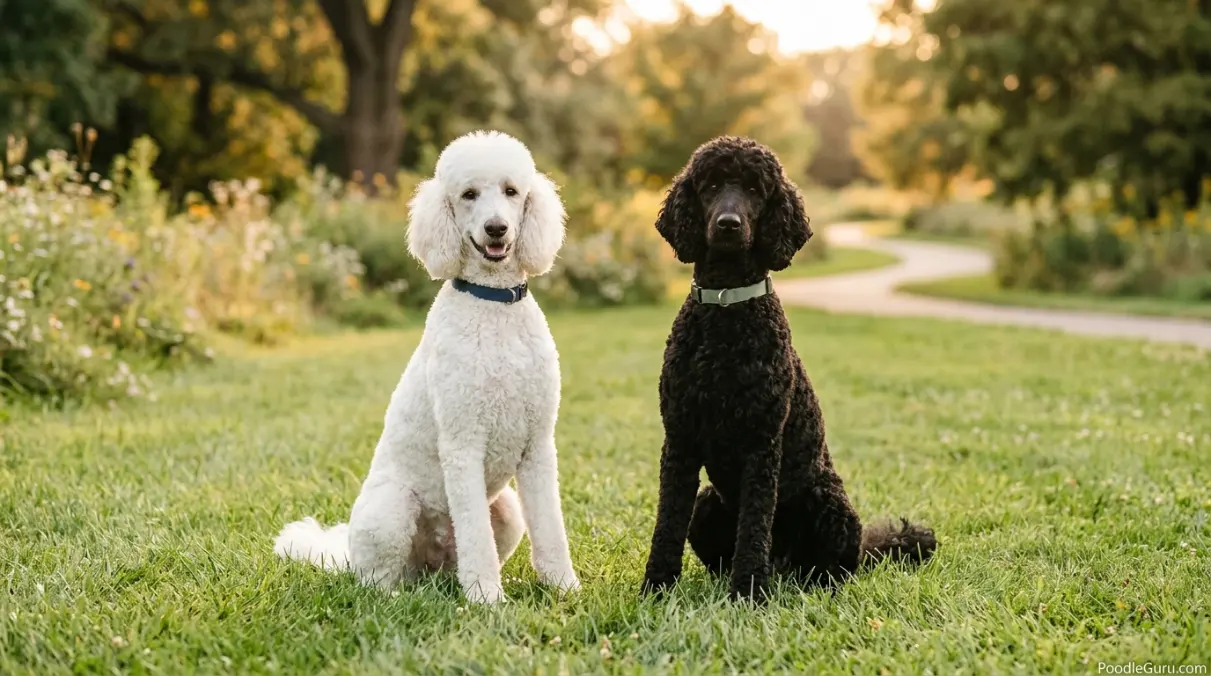 Two calm Poodles sitting together after training for can poodles be aggressive toward other animals