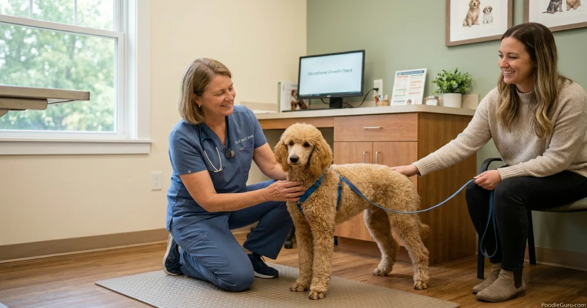 Veterinarian examining a Standard Poodle puppy's leg for growth plate development