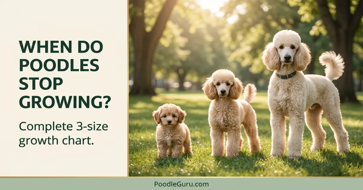 Toy Poodle puppy next to adult Standard Poodle showing dramatic size difference during growth stages