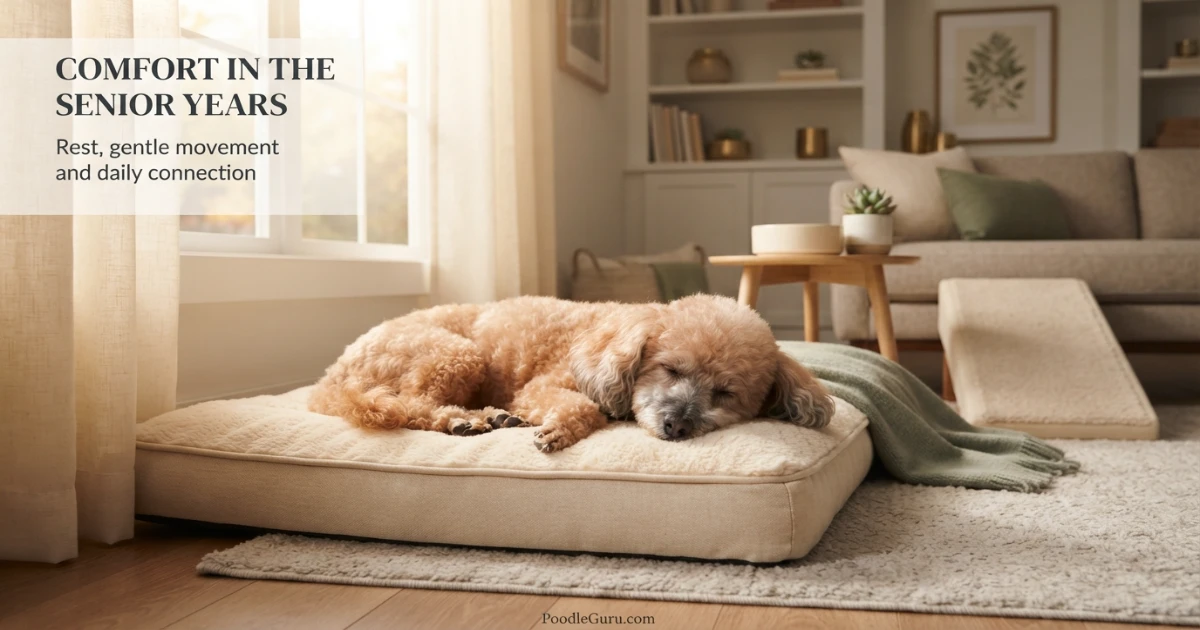 Senior Toy Poodle resting comfortably in an age-friendly home
