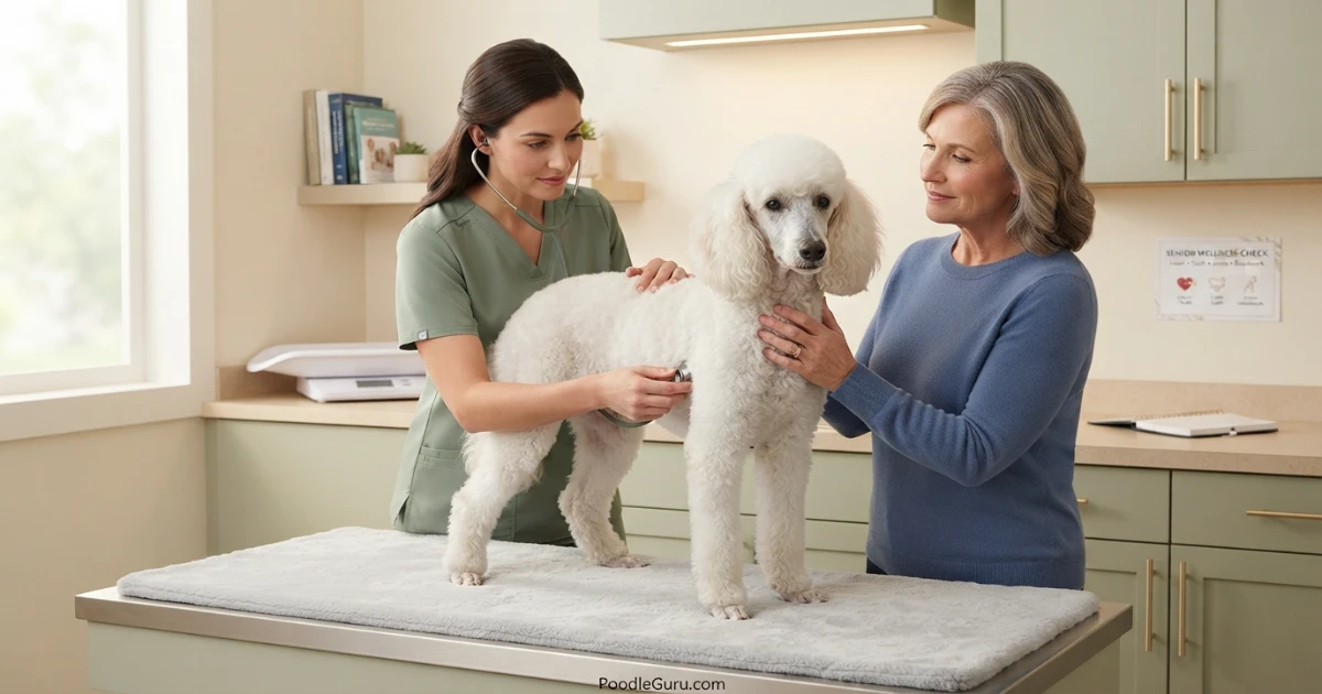 Veterinarian examining a senior Standard Poodle during a preventive wellness visit
