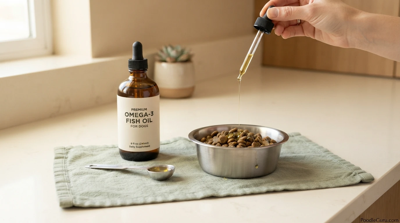Measuring liquid fish oil into a poodle food bowl for omega-3 dosing