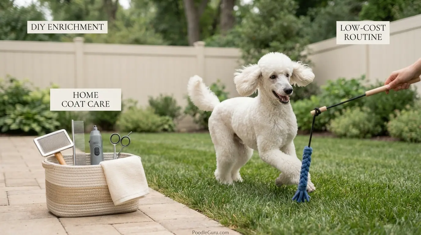 Standard Poodle enjoying safe low-cost enrichment at home