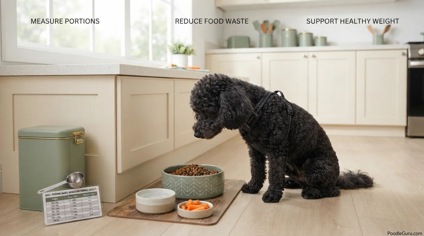 Miniature Poodle beside a measured complete and balanced meal