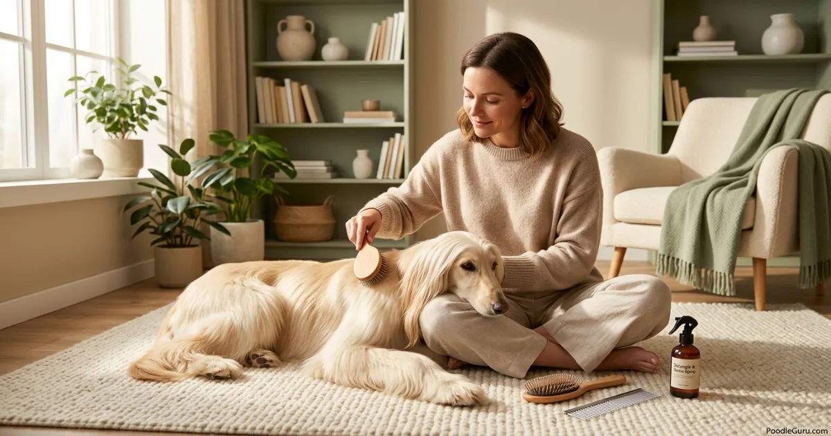 Owner brushing an Afghan Hound's long silky coat indoors