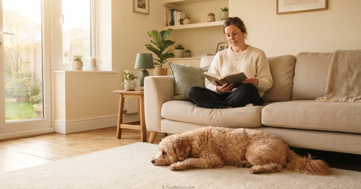 Akipoo resting calmly beside owner in a warm indoor setting