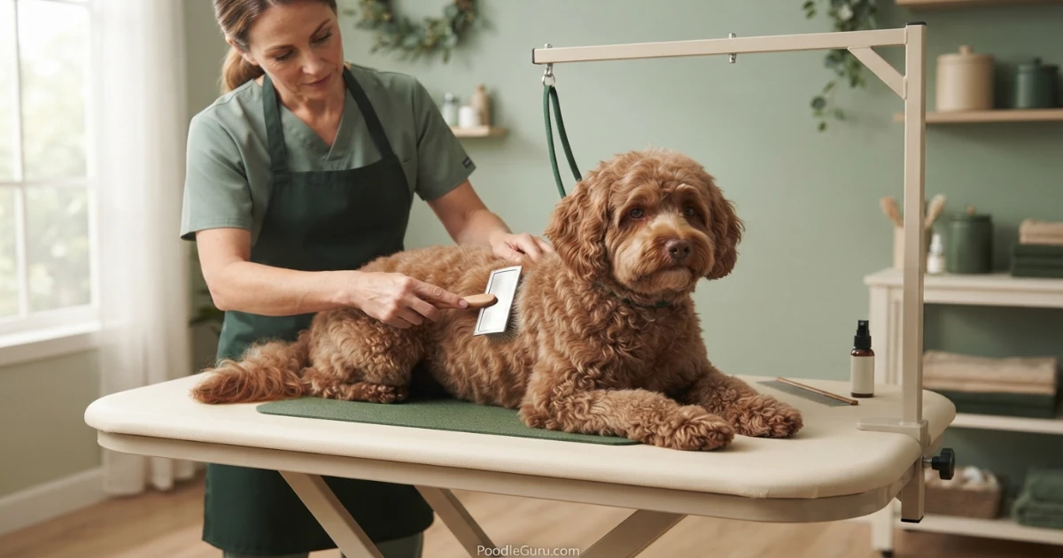Akipoo being brushed with a slicker brush during a grooming session