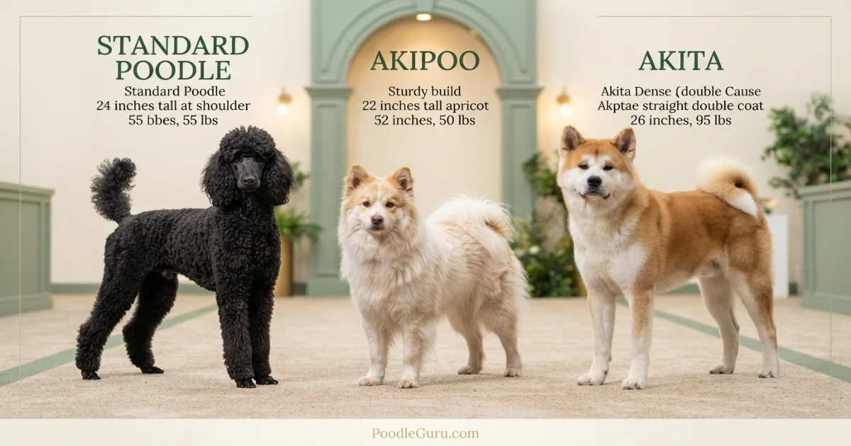 Side-by-side size comparison of Standard Poodle, Akipoo, and Akita