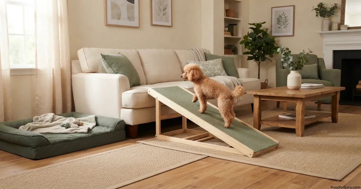 Arthritis-friendly home with dog ramp, orthopedic bed, and non-slip rug for poodle comfort