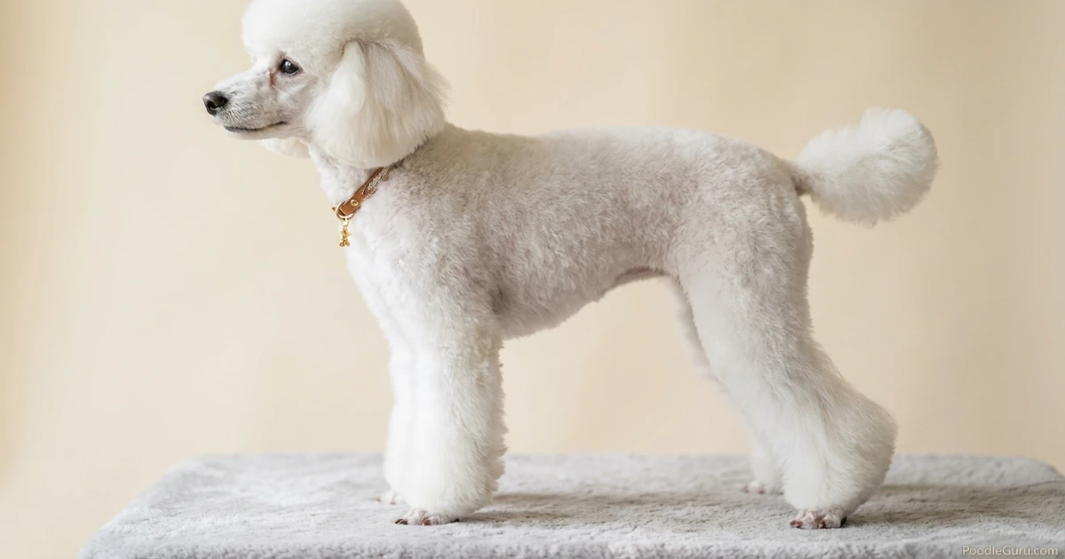 Close-up detail of a Poodle's flared bell-bottom leg and round ankle pom-pom in Asian Fusion style