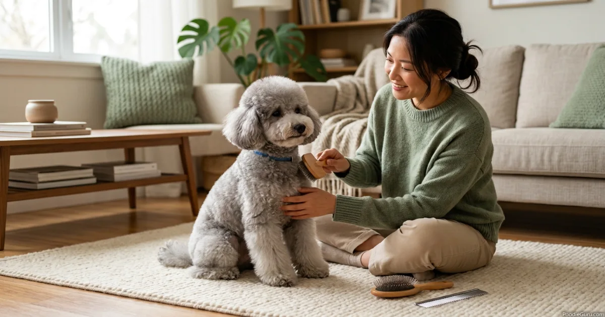 Owner brushing a Miniature Poodle with an Asian Fusion cut using a slicker brush and metal comb at home