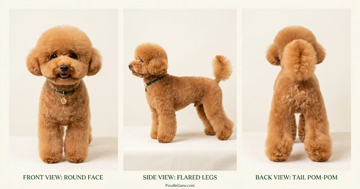 Toy Poodle with Asian Fusion cut shown from front, side, and back angles to display the full style