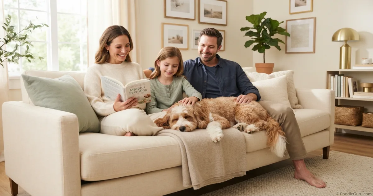 Aussiedoodle resting calmly near family in bright living room
