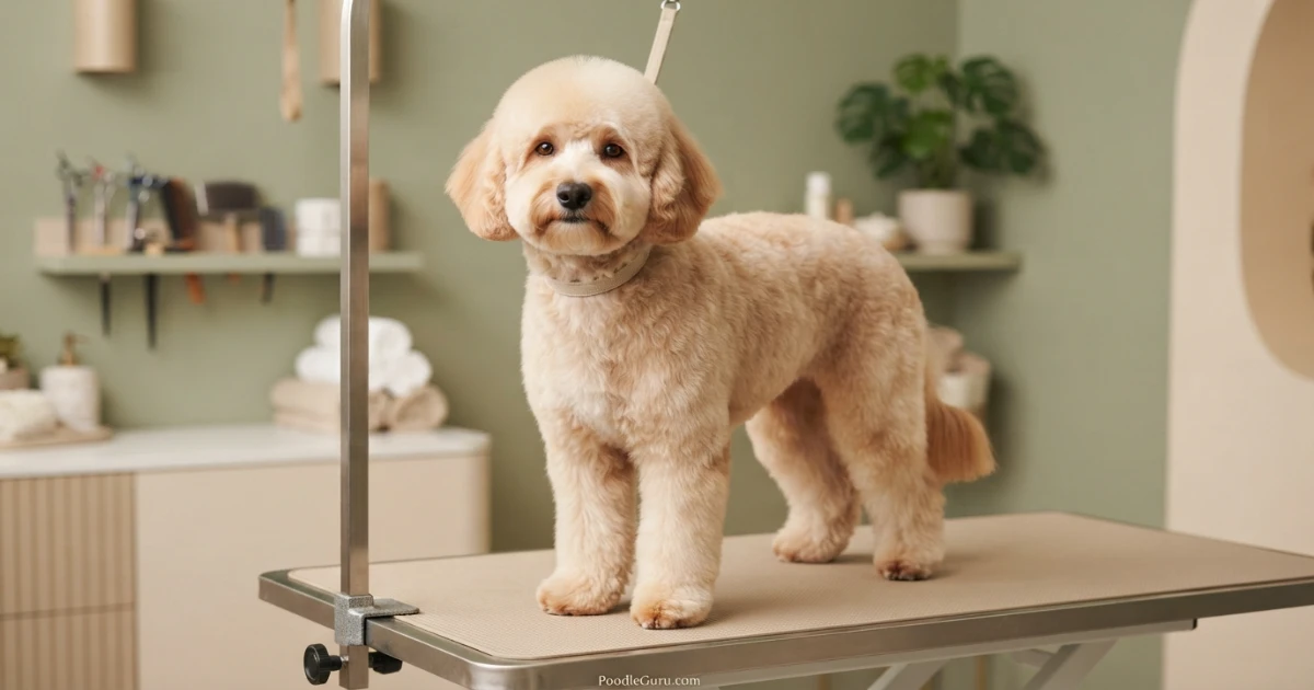 Freshly groomed Aussiedoodle with teddy bear trim on grooming table