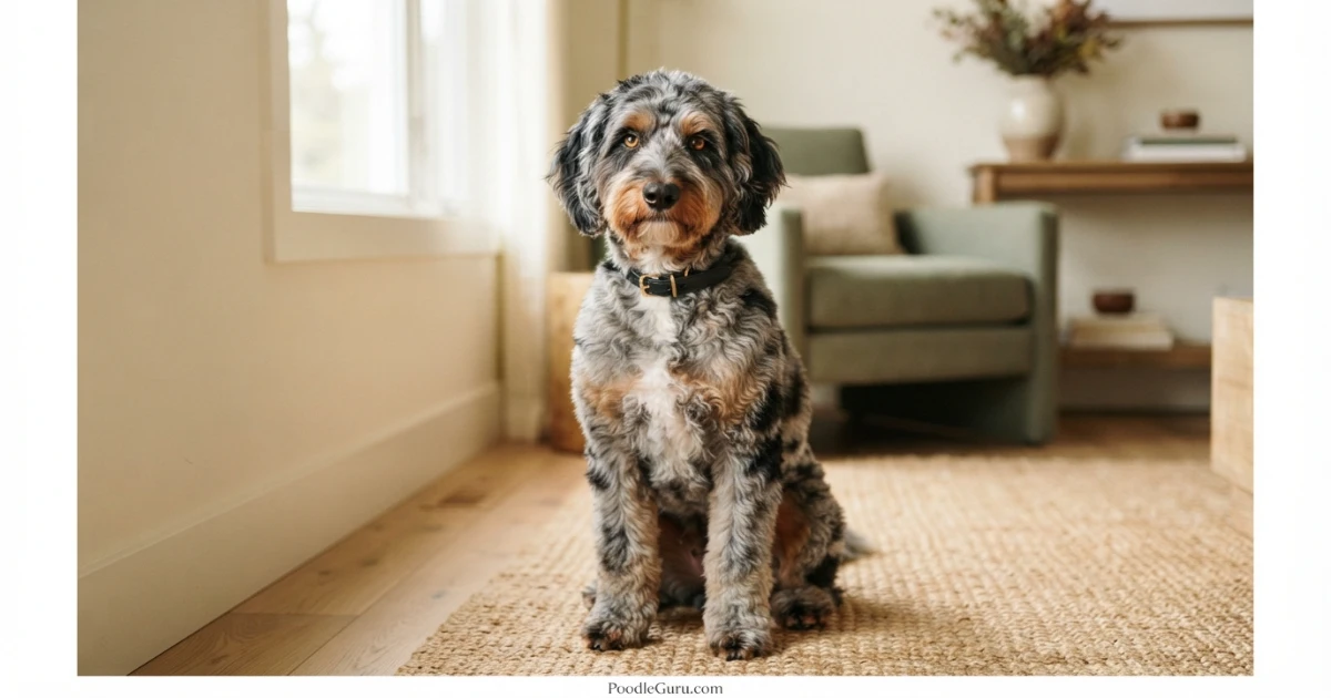 Aussiedoodle with wavy merle coat sitting in natural light