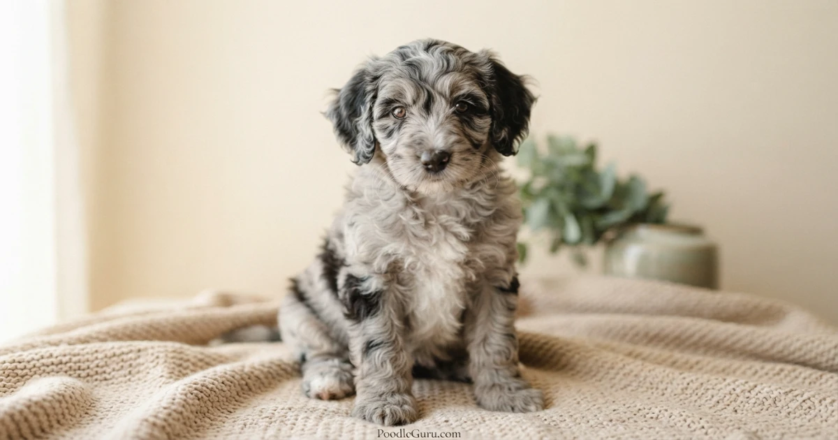 Aussiedoodle puppy with blue merle coat looking at camera