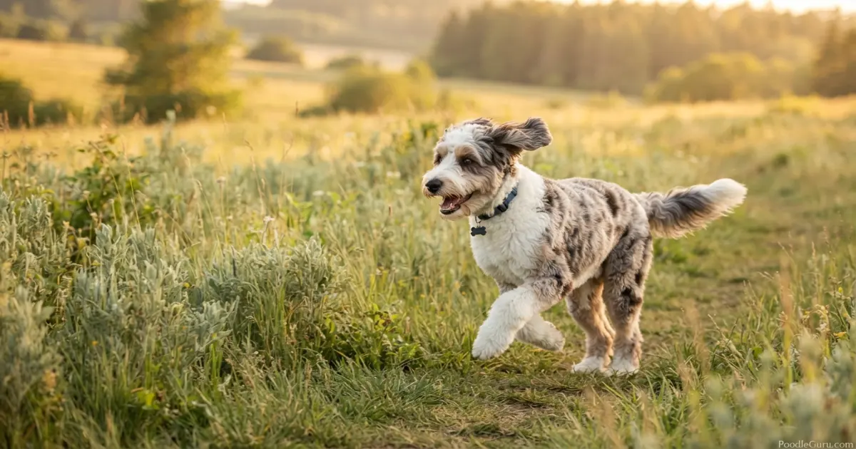 Aussiedoodle running through a grassy field during golden hour