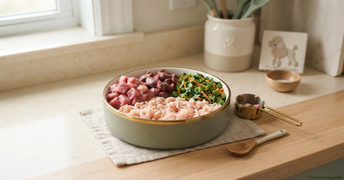 BARF raw diet bowl ingredients for poodles with meat organ vegetables and measuring scoop