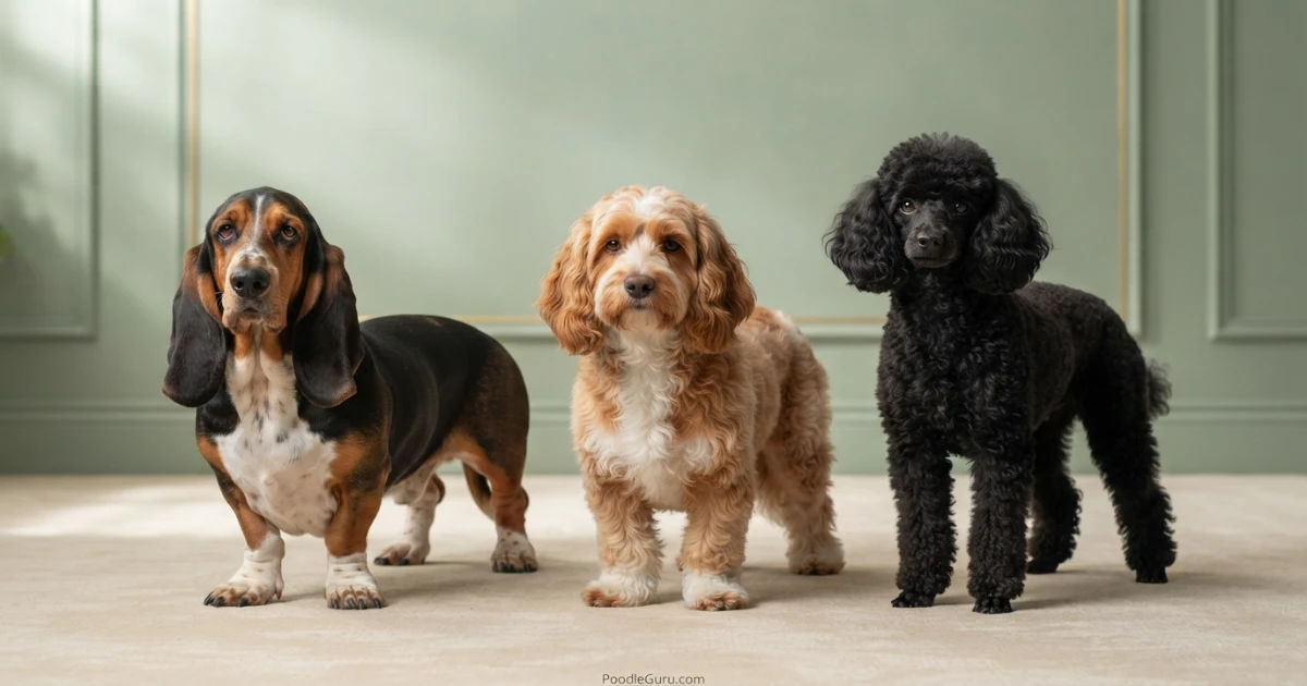 Basset Hound, Bassetoodle, and Miniature Poodle standing side by side for size and structure comparison