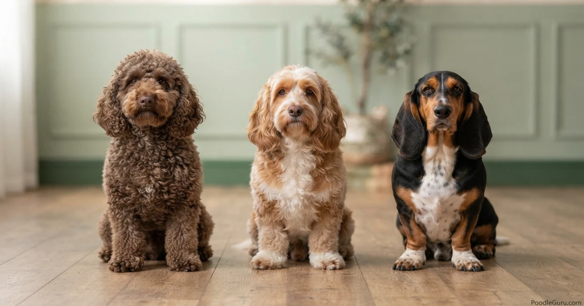 Three Bassetoodles showing curly, wavy, and short smooth coat variations in studio comparison