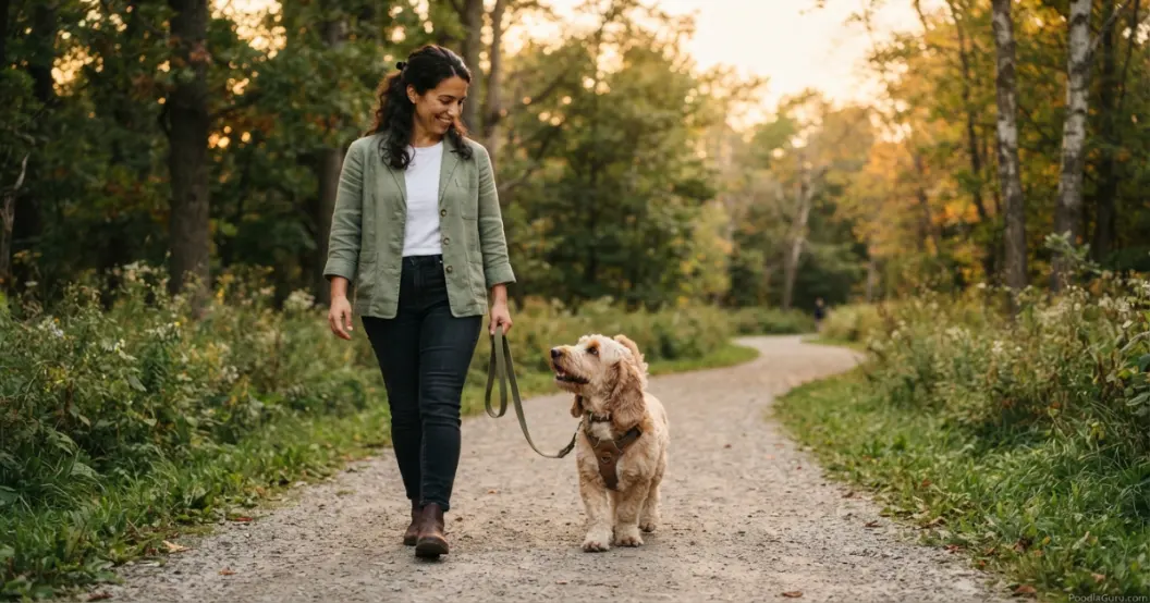 Bassetoodle on a leash looking up at owner during a calm walk along a tree-lined path in golden light