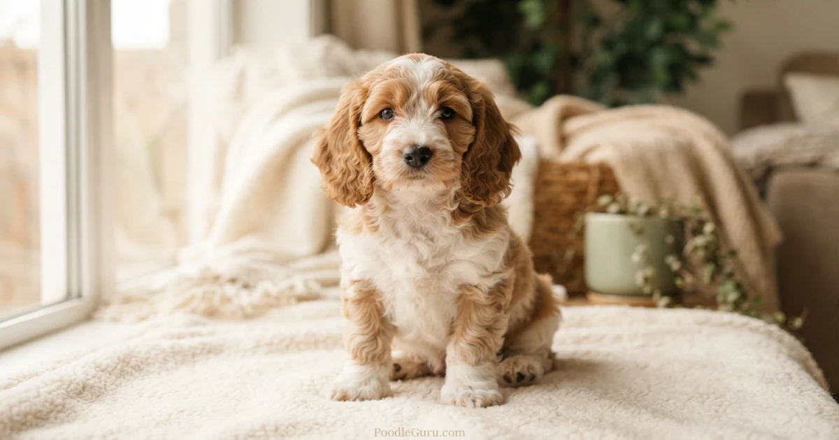 12-week-old Bassetoodle puppy with wavy tan and white coat sitting on cream blanket